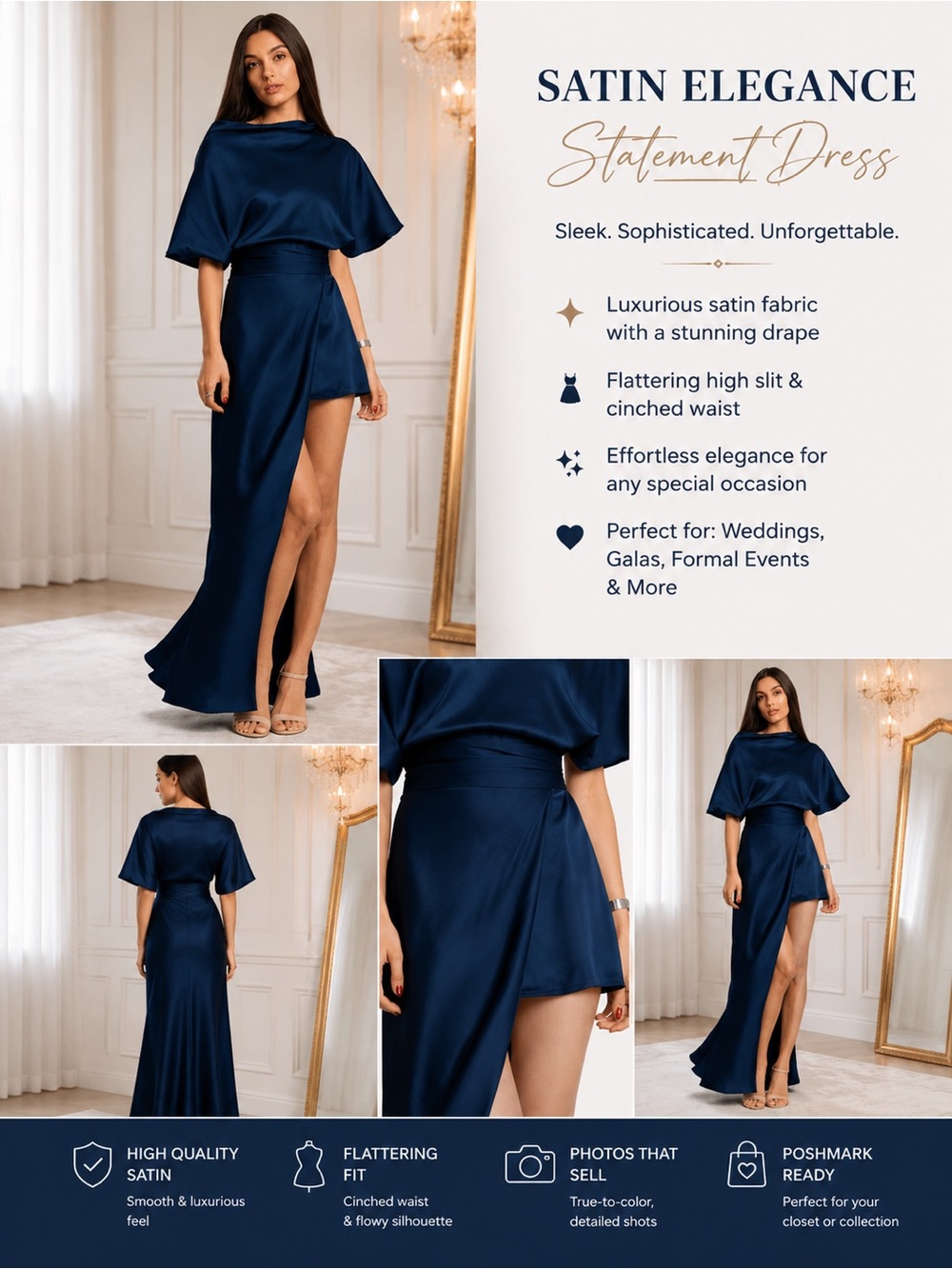 Elegant Navy High-Low Satin Dress - Picture 2 of 2